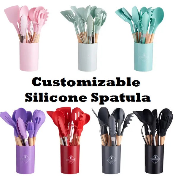 PERSONALIZED 12-Piece Silicone Kitchen Utensils: Durable, Non-Stick Safe with Wooden Handles - Perfect for Everyday Use & Holiday Cooking