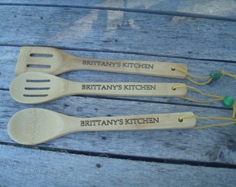 Set of 3 Personalized Kitchen Utensils, Custom Kitchen Utensils, Laser Engraved Spoon, Spatula, Serving Utensils, Kitchen Gift, Housewarming