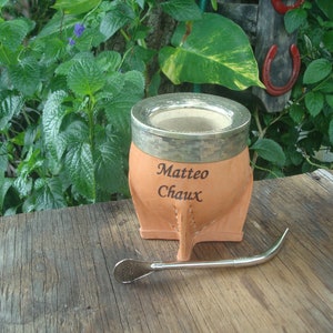 Personalized Mate *IMPERIAL*  Leather + Straw Pico de Loro  + Your text or  Logo,  Argentina Mate - Straw Brazilian Alpaca - Light Brown