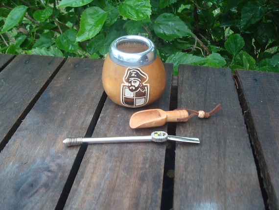 Mate Argentino Hand Carved wooden Wood Cup , Straw, BONUS Spoon Yerba Mate  Sun