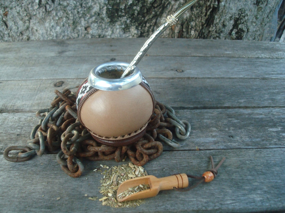 Mate Gourd Lined Eco Leather Red Mate straw Bonus Spoon Yerba Mate Sugar 