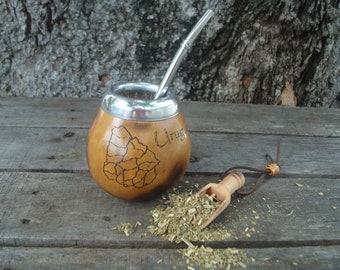 Mate Personalizado *Engraving  Uruguayan SUN + Your text * Set Gourd Mate  + Straw, Bombilla - Hand Carved Mate Gourd Uruguayo - BONUS Spoon