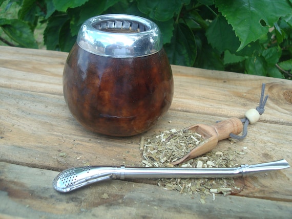 Mate Argentino Gourd Straw bombilla Yerba Mate Mate Uruguay Argentinien  polished Dark Brown Color BONUS Spoon Yerba 