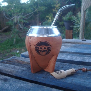 Personalized Mate, Your Image-Text, Argentina Mate GOURD Lined in Fine Leather, Mate Argentino, Straw Pico de Loro -Light brown BONUS Spoon.