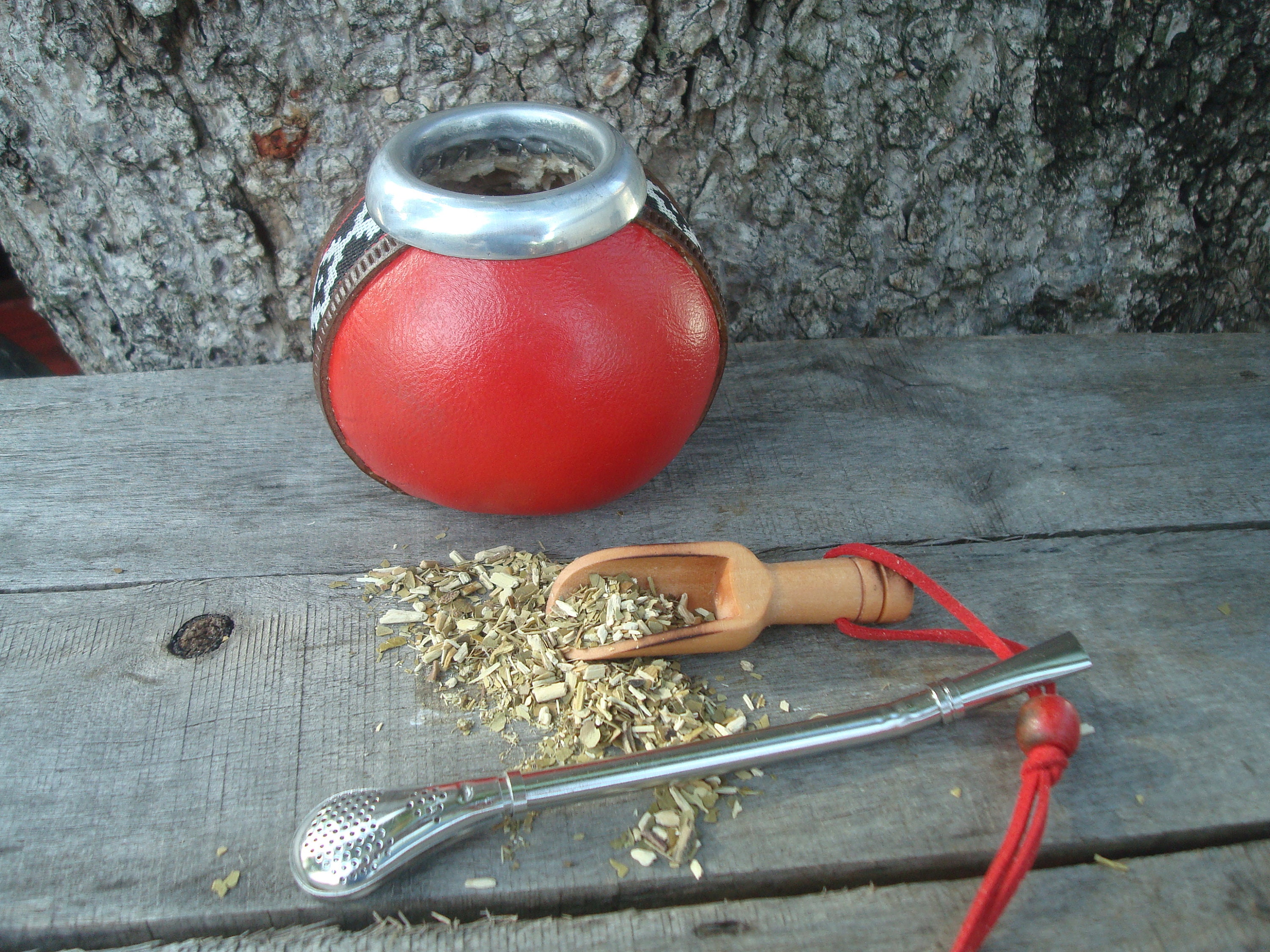 Mate Gourd Lined Eco Leather Red Mate straw Bonus Spoon Yerba Mate Sugar 