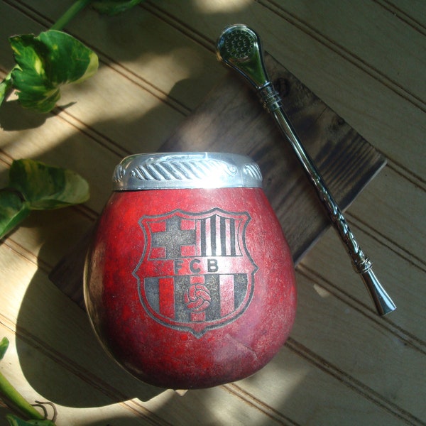 Logo Barcelone, Football, Football, Futbol -Thé Yerba Avec Paille, FC Barcelone, Mate + Paille + Gourd Rouge + Noms, Initiales, Dates -Spain Soccer