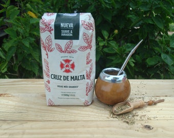 Mate + Yerba + Bombilla, Gourd -Straw + BONUS NEW Cruz de Malta Argentina, 500gr Mate Uruguayo