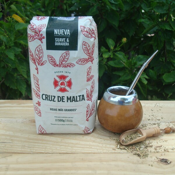 Maté + Yerba + Bombilla, Gourde - Paille + BONUS NOUVEAU Cruz de Malte Argentine, 500gr Mate Uruguayo