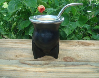 Mate calabaza vaqueta Uruguayo bocon Mate de cuero -Leather Wrapped. Handmade Argentinian mate- Straw Alpaca Brasilera - Mate + Straw -Black