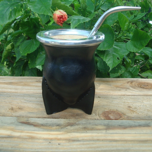 Mate calabaza vaqueta Uruguayo bocon Mate de cuero -Leather Wrapped. Handmade Argentinian mate- Straw Alpaca Brasilera - Mate + Straw -Black