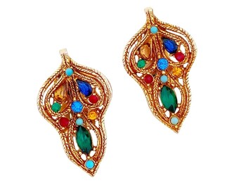 Boucles d’oreilles en filigrane tressé Jewel Tone Strastone Leaf par La Roca, années 1950