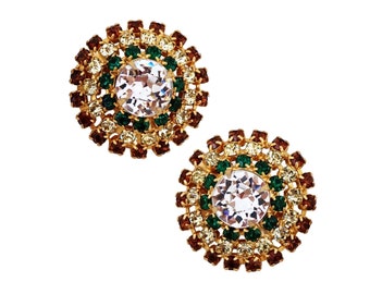 Smoked Topaz and Emerald Rhinestone Dome Earrings By Hobé, 1960s