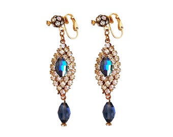 Crystal Encrusted Drop Earrings With Midnight Blue AB Crystal Accents By Hattie Carnegie, 1950s