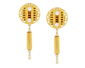 Matte Gold Art Deco Style 4" Drop Statement Earrings By Natasha Stambouli, 1980s