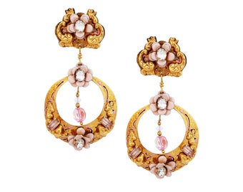 Ornate Pink Rose Drop Hoop Earrings By Lunch At The Ritz, 1980s