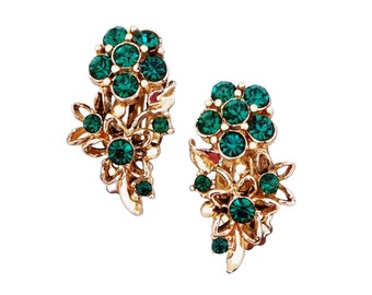 Emerald Crystal Flower Climber Earrings, 1960s
