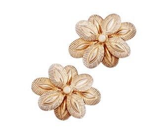 Gilded Textured Flower Figural Earrings By Castlecliff, 1950s