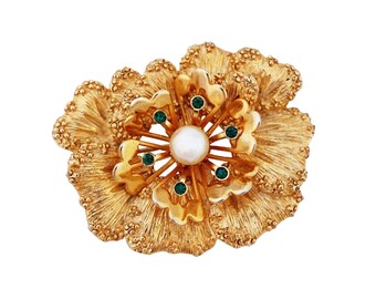 Gilded Flower Brooch With Green Rhinestones and Pearl By Sarah Coventry, 1960s