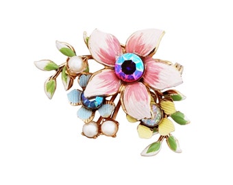 Dainty Enamel Floral Brooch With Pearls and Aurora Borealis Crystals By Coro, 1950s
