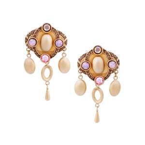 Vintage Natasha Stambouli Clip on Gold Tone Dangle Earrings, Opals  