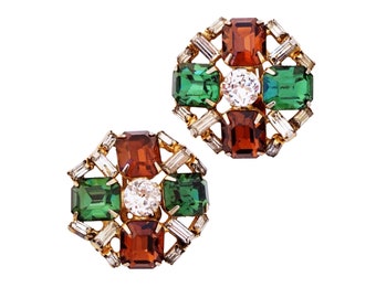 Smoked Topaz and Emerald Rhinestone Crystal Statement Earrings By Hobé, 1960s