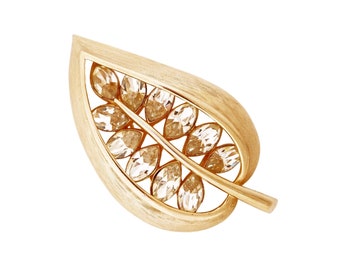 Brushed Gold Leaf Brooch With Navette Crystals, 1960s