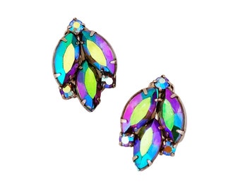 Aurora Borealis Iridescent Crystal Navette Earrings, 1950s