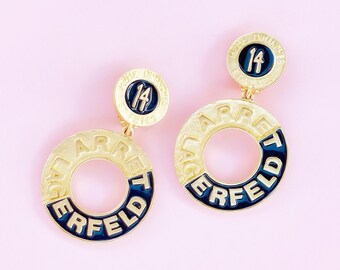 Vintage Gilt & Black Enamel Oversized Parisian Office Address Earrings By Karl Lagerfeld, 1980s