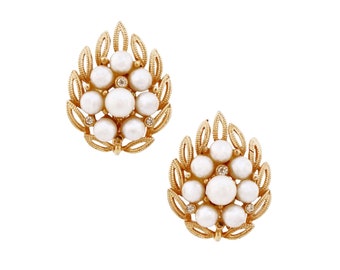 Gold Leaf and Pearl Cluster Earrings By Lisner, 1960s
