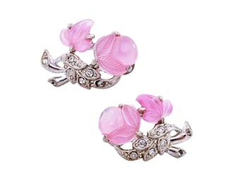 Pink Molded Glass Floral "Fruit Salad" Earrings, 1930s