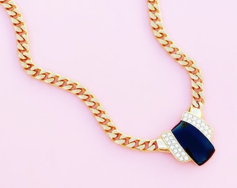 Vintage Gilt &black esmalte art déco estilo cadena de bordillo collar por Monet, década de 1980