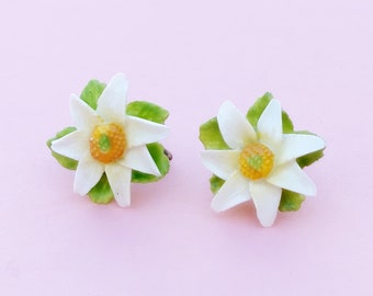 Vintage English Porcelain Hand Painted Daisy Flower Earrings, 1950s