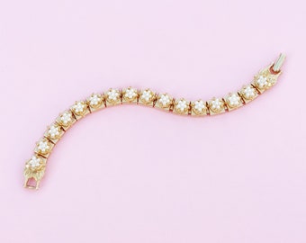 Vintage Golden Link Bracelet with Pearl Flowers, 1980s