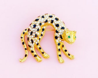 Vintage Gilt & Crystal Rhinestone Panther Figural Brooch, década de 1980