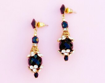 Pendientes de ónix barroco vintage con detalles de diamantes de diamantes de cristal, década de 1980