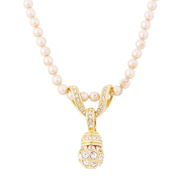 27" Champagne Pearl Necklace With Crystal Encrusted Pendant By Nolan Miller, 1980s