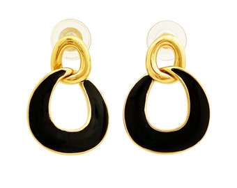 Gold & Black Enamel Interlocking Dangle Earrings By Monet, 1980s