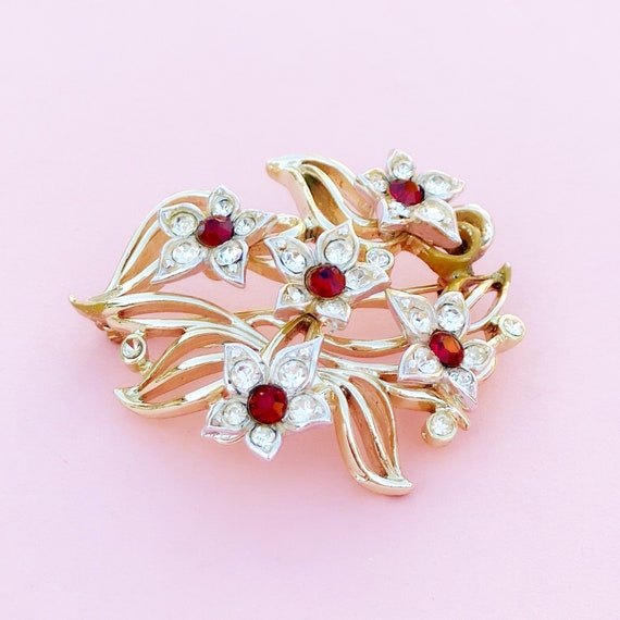 Vintage Two Tone Flower Brooch with Ruby Red Rhin… - image 4