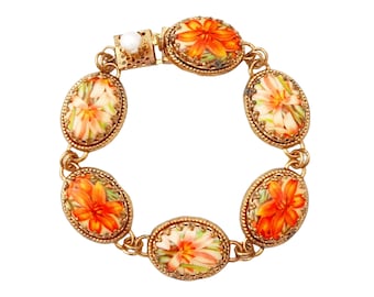 Pulseira oval floral cabochão com elos, década de 1970