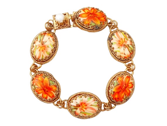 Oval Floral Cabochon Link Bracelet, 1970s - image 1