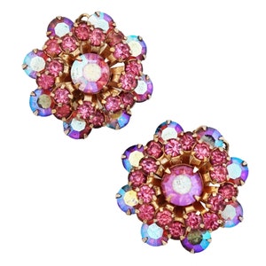 Pink Aurora Borealis Rhinestone Flower Earrings By Weiss, 1960s