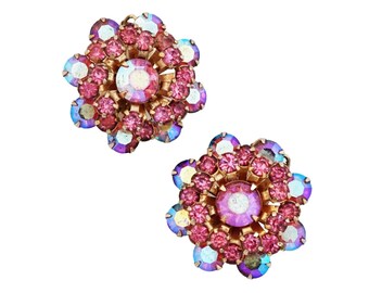 Pink Aurora Borealis Rhinestone Flower Earrings By Weiss, 1960s