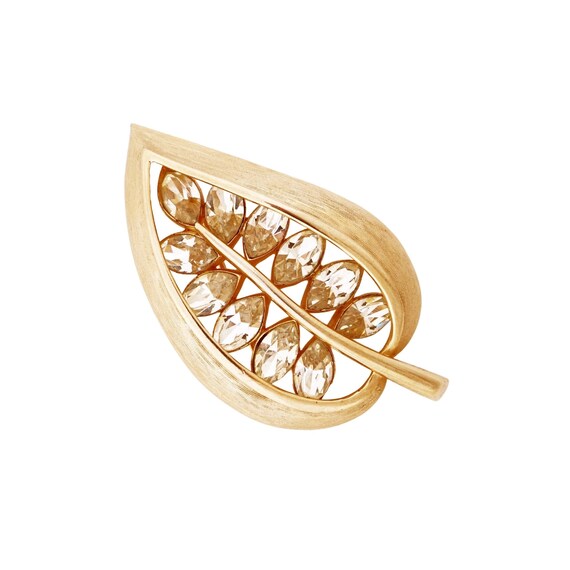 Brushed Gold Leaf Brooch With Navette Crystals, 1… - image 1