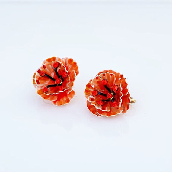 Tangerine Orange Enamel Flower Figural Earrings, … - image 3