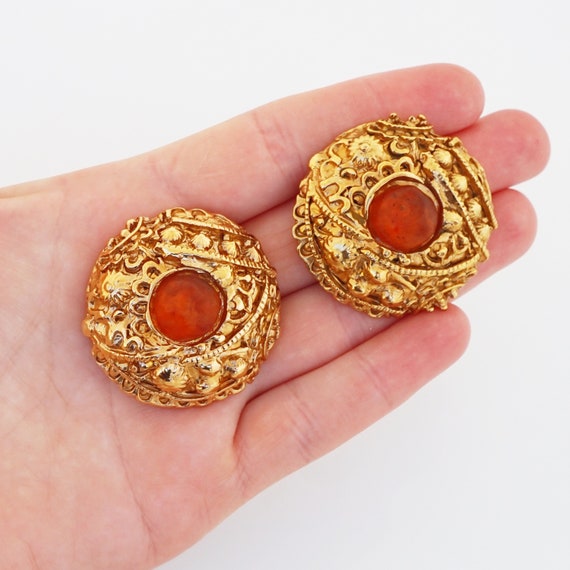 Textured Gold Dome Statement Earrings With Amber … - image 7