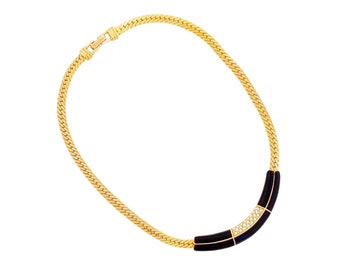 Art Deco Stijl Zwart Email, Kristal & Goud Platte Ketting Ketting Door Swarovski, jaren 1980