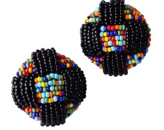 Rainbow Seed Bead Dome Statement Earrings, 1980s