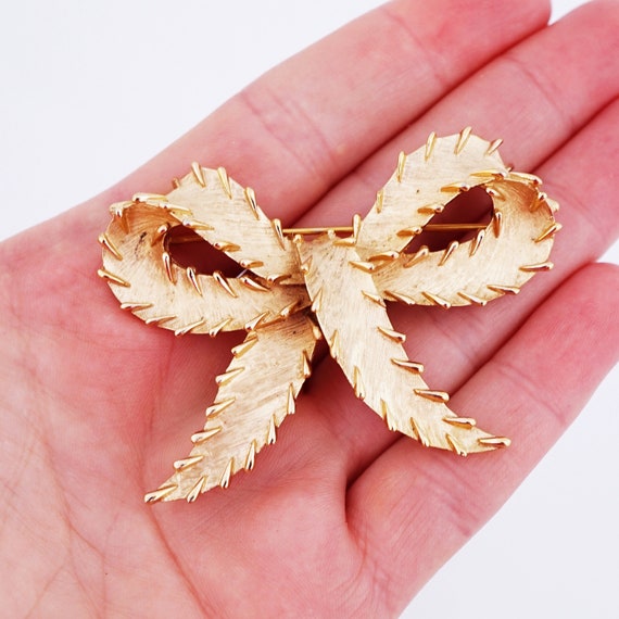 Textured Gold Bow Brooch With Stitch Detail By Cr… - image 6