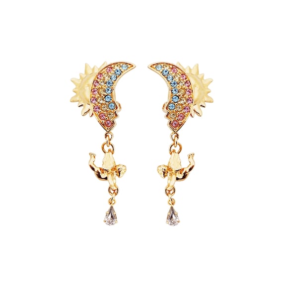 Whimsical Sun, Rainbow and Cherub Dangle Earrings… - image 1