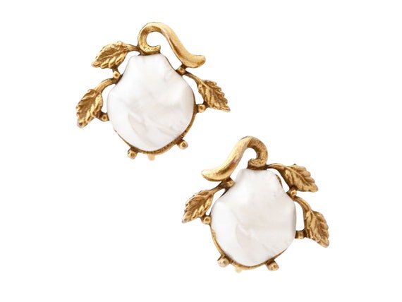 Gilded Leaf and Scroll Baroque Pearl Earrings, 1970s